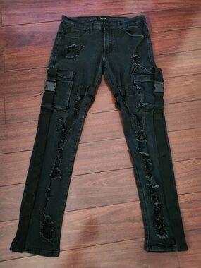 Fashion Nova Men's Black Skinny Cargo Jeans with Distressed Detail